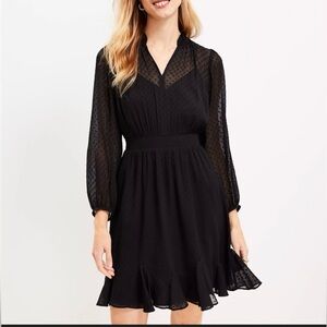 LOFT Black Long Sleeve Swiss Dot Fit & Flare Dress